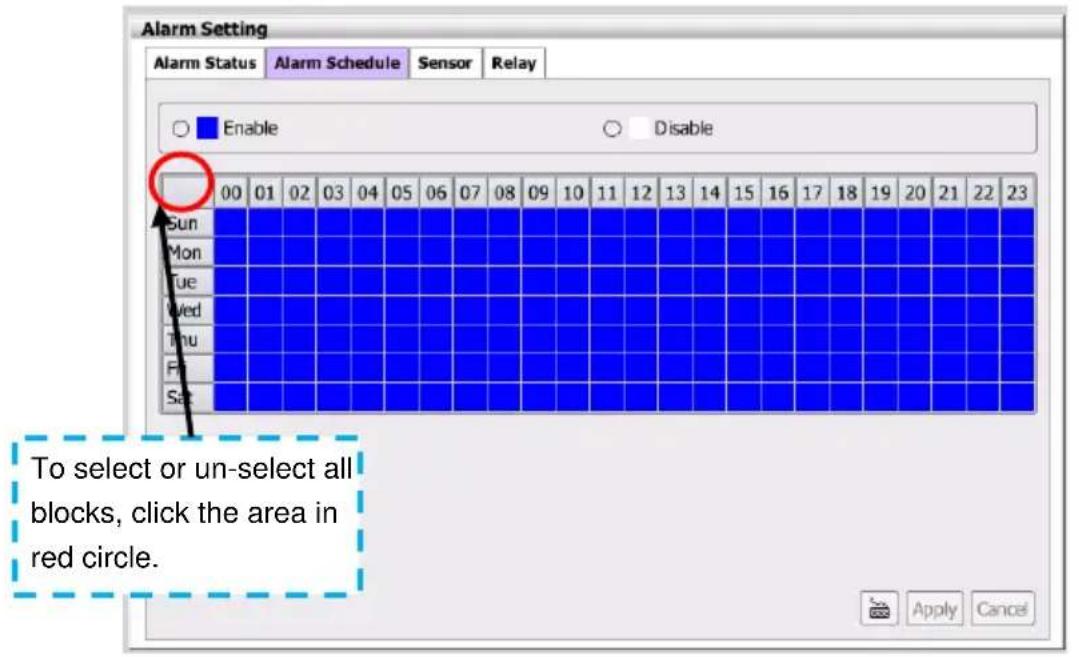 Alarm Setting Alarm Status Alarm Schedule Sensor Relay Enable Disable Sun Mon Tue Wed Thu Fri Sat To select or un-select all blocks, click the area in red circle. Apply Cancel