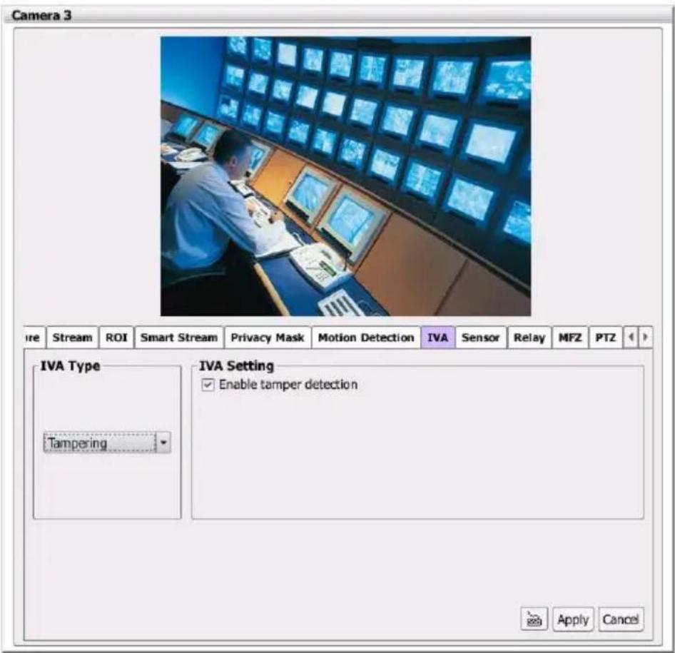 Camera 3 IVA Type Tampering IVA Setting Enable tamper detection Apply Cancel