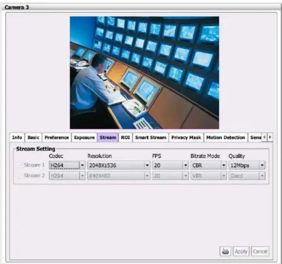 Camera 3 Info Basic Preference Exposure Stream ROI Smart Stream Privacy Mask Motion Detection Sens Stream Setting Codec Resolution FPS Bitrate Mode Quality Stream 1 H264 2048X1536 20 CBR 12Mbps Stream 2 H264 640X480 20 VBR Good Apply Cancel