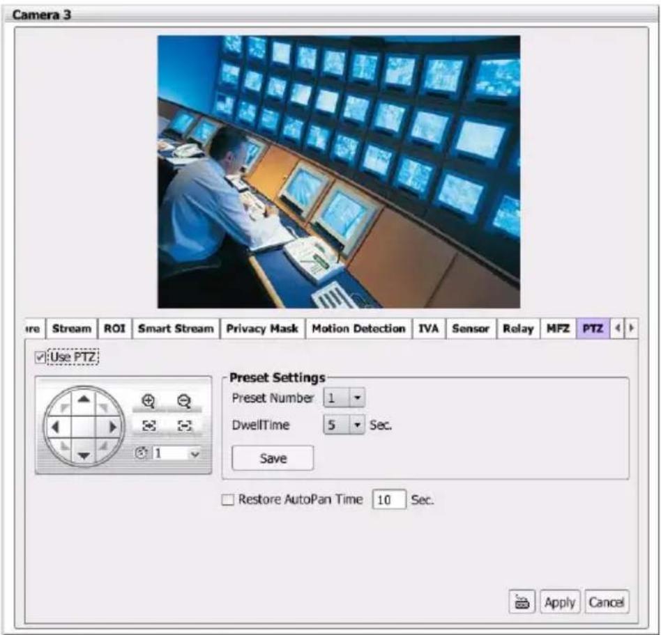 Camera 3 Stream ROI Smart Stream Privacy Mask Motion Detection IVA Sensor Relay MFZ PTZ Use PTZ Preset Settings Preset Number 1 DwellTime 5 Sec. Save Restore AutoPan Time 10 Sec. Apply Cancel