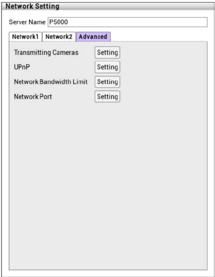 Network Setting Server Name P5000 Network1 Network2 Advanced Transmitting Cameras Setting UPnP Setting Network Bandwidth Limit Setting Network Port Setting