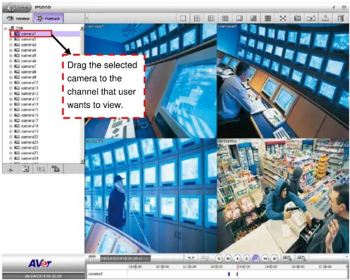 DVR camera1 camera2 camera3 camera4 camera5 camera6 camera7 camera8 camera9 camera10 camera11 camera12 camera13 camera14 camera15 camera16 camera17 camera18 camera19 camera20 camera21 camera22 camera23 camera24 Drag the selected camera to the channel that user wants to view. camera1 camera2 camera2 camera20 camera21 camera22 camera23 camera24 06/24/2014 15:31:20 x 1 08:00:00 10:00:00 12:00:00 14:00:00 16:00:00 18:00:00 20:00:00 22:00:00 0 AVer camera1