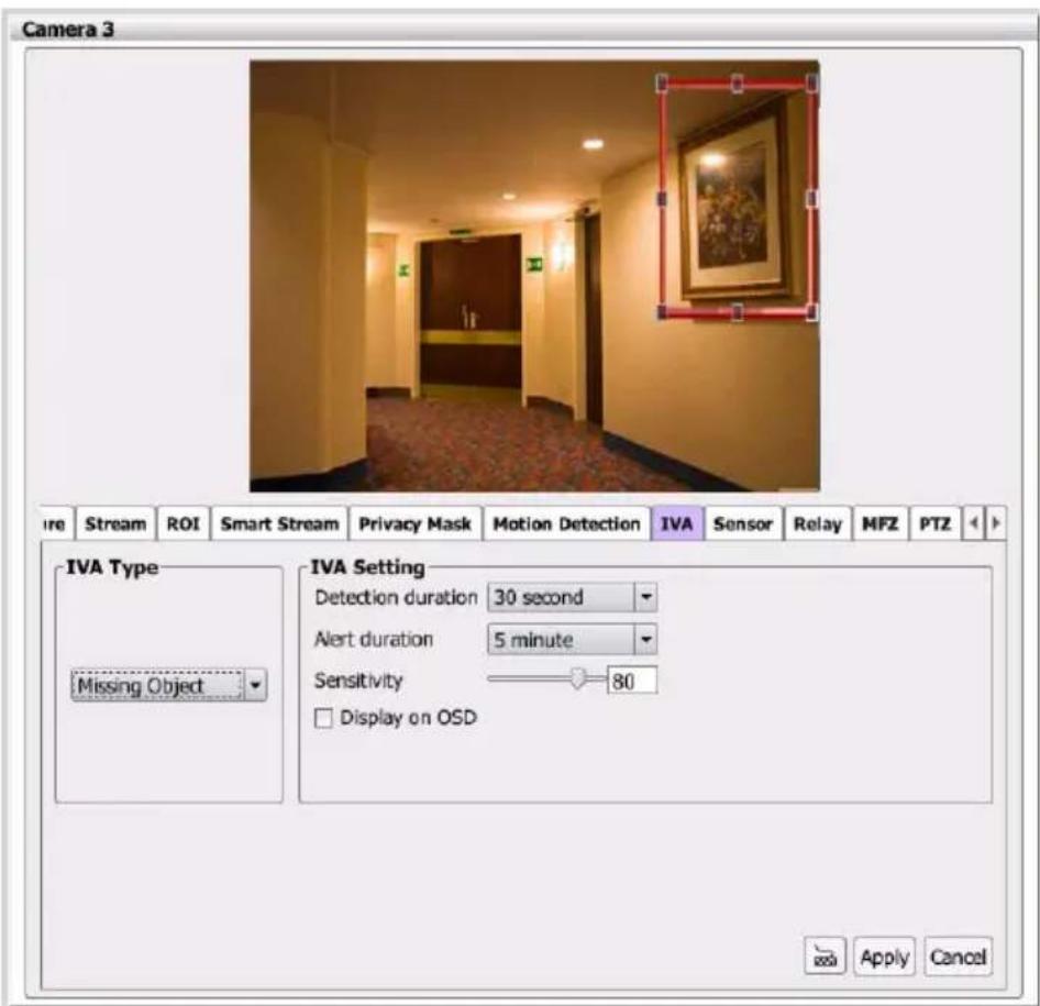 Camera 3 Stream ROI Smart Stream Privacy Mask Motion Detection IVA Sensor Relay MFZ PTZ IVA Type Missing Object IVA Setting Detection duration 30 second Alert duration 5 minute Sensitivity 80 □ Display on OSD Apply Cancel