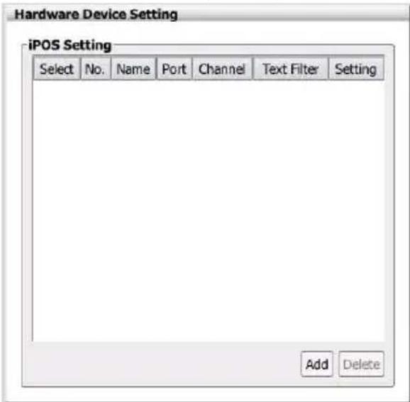 Hardware Device Setting iPOS Setting Select No. Name Port Channel Text Filter Setting Add Delete
