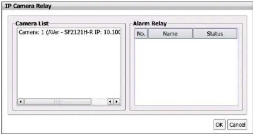 IP Camera Relay Camera List Camera: 1 (AVer - SF2121H-R IP: 10.100) Alarm Relay No. Name Status OK Cancel