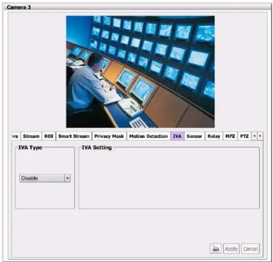 Camera 3 Stream ROI Smart Stream Privacy Mask Motion Detection IVA Sensor Relay MFZ PTZ IVA Type Disable IVA Setting Apply Cancel