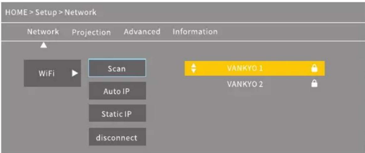 HOME > Setup > Network Network Projection Advanced Information WiFi Scan VANKYO 1 Auto IP VANKYO 2 Static IP disconnect