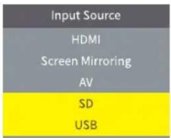 Input Source HDMI Screen Mirroring AV SD USB