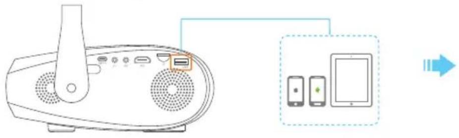 Diagram showing device connection with ports, a device, and a mobile device, illustrating wireless or signal transmission.