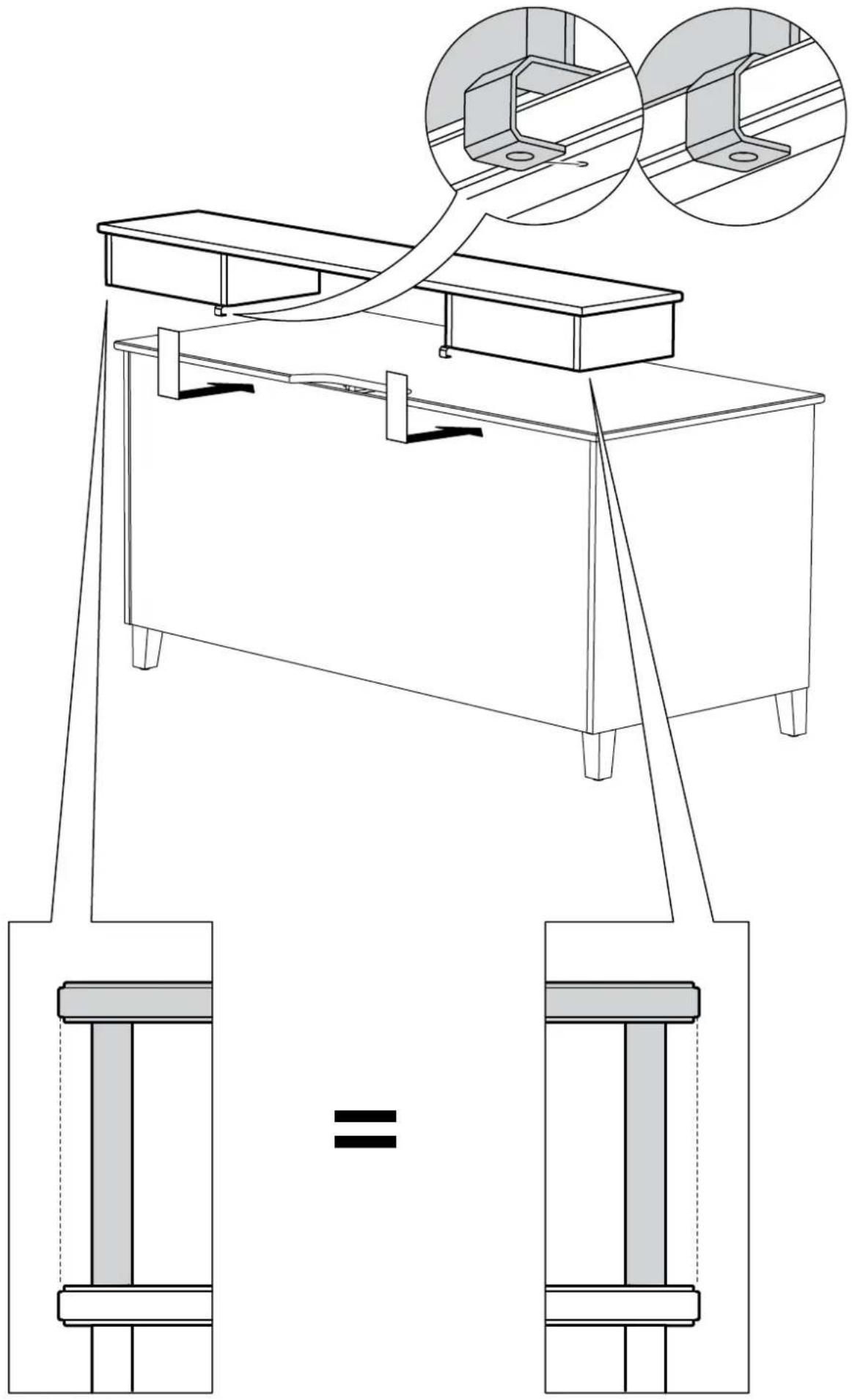 Technical line drawing of a mechanical assembly with two structural supports and a central frame, showing cross-sectional views (no text or symbols)