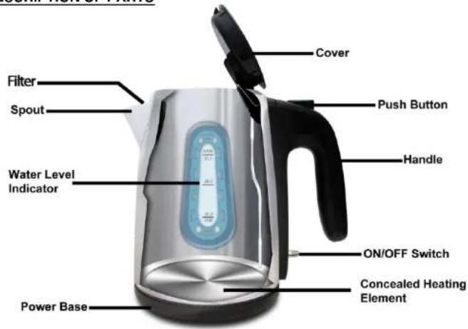 Filter Spout Water Level Indicator Power Base Cover Push Button Handle ON/OFF Switch Concealed Heating Element
