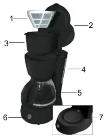 Labeled diagram of a mechanical device with numbered parts, showing internal components and a close-up inset.
