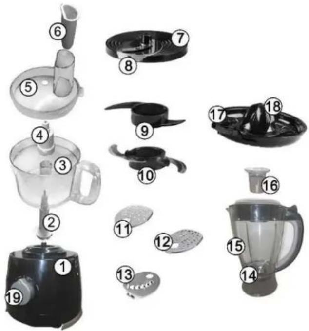 Exploded view diagram of a kitchen appliance with numbered parts for identification