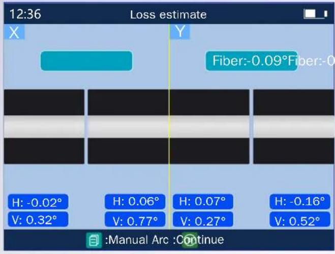 12:36 Loss estimate X Y Fiber:-0.09°Fiber:-0 H: -0.02° V: 0.32° H: 0.06° V: 0.77° H: 0.07° V: 0.27° H: -0.16° V: 0.52° Manual Arc :Continue