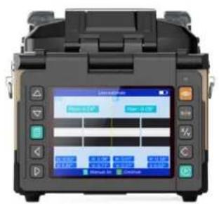 Front panel of a black optical fiber optic transceiver with display screen and control buttons