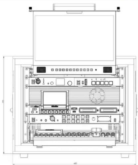 Technical diagram of an electronic device front panel with labeled components and dimensions