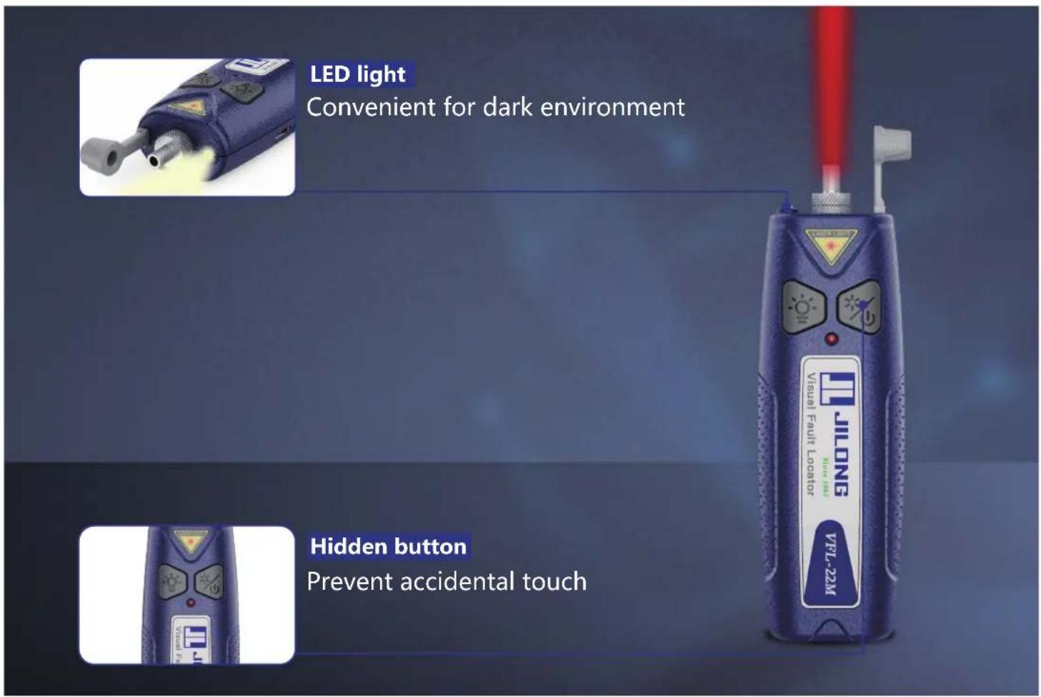LED light Convenient for dark environment JILONG Visual Fault Locator TFL-22M Hidden button Prevent accidental touch