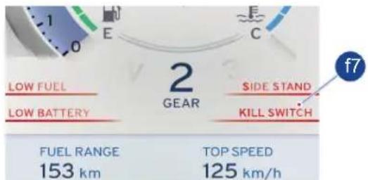 LOW FUEL LOW BATTERY FUEL RANGE 153 km 2 GEAR SIDE STAND KILL SWITCH TOP SPEED 125 km/h f7
