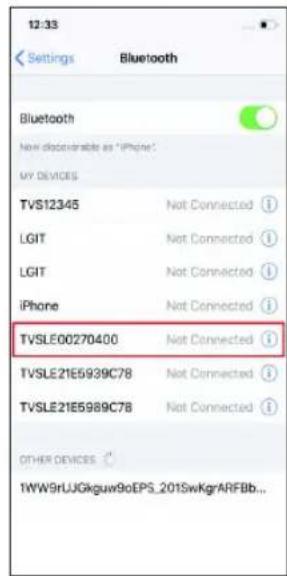 12:33 Settings Bluetooth Bluetooth Now discolorable as "iPhone?" MY DEVICES TVS12345 Not Connected ⓘ LGIT Not Connected ⓘ LGIT Not Connected ⓘ iPhone Not Connected ⓘ TVSLE00270400 Not Connected ⓘ TVSLE21E5939C78 Not Connected ⓘ TVSLE21E5989C78 Not Connected ⓘ OTHER DEVICES 1WW9rUJGkguw9oEPS_201SwKgrARFBb...
