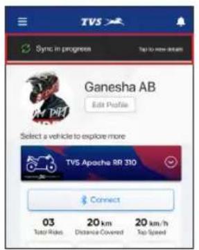 TVS Sync in progress Top to more details Ganesha AB Edit Profile Select a vehicle to explore more TVS Apache RR 310 Connect 03 Total Hakes 20 km Distance Covered 20 km/h Top Speed