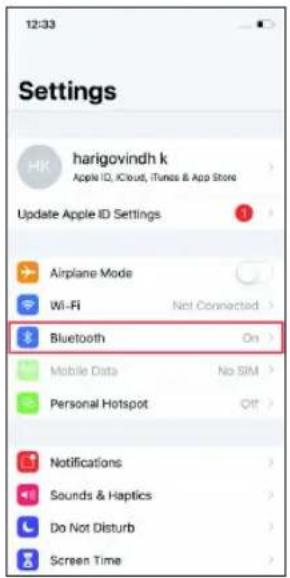12:33 Settings harigovindh k Apple ID, iCloud, iTunes & App Store Update Apple ID Settings Airplane Mode Wi-Fi Not Connected > Bluetooth On > Mobile Data No SIM > Personal Hotspot Off > Notifications > Sounds & Haptics > Do Not Disturb > Screen Time >