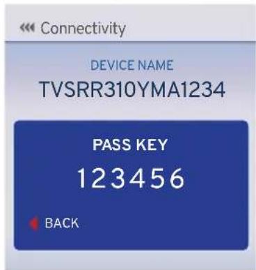 Connectivity DEVICE NAME TVSRR310YMA1234 PASS KEY 123456 BACK