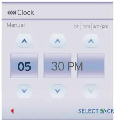 << Clock Manual hh | mm | am/pm 05 30 PM SELECTBACK