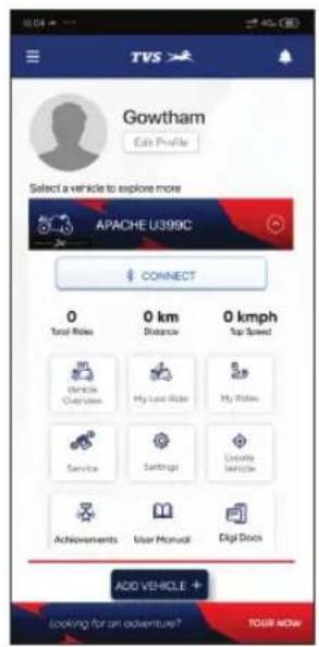 TVS Gowtham Edit Profile Select a vehicle to explore more APACHE U399C CONNECT 0 Total Rides 0 km Distance 0 kmph Top Speed Vehicle Captimes My Local Rides My Rides Service Settings Carriage Service Achievements User Manual Digit Docs ADD VEHICLE + looking for an adventure? TOUR NOW