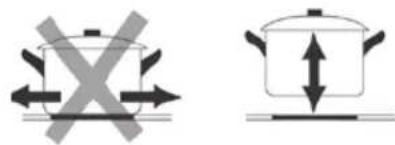 Diagram showing crossed-out cooking pan with cross symbol and cooking pot with double-headed arrows indicating pressure or movement