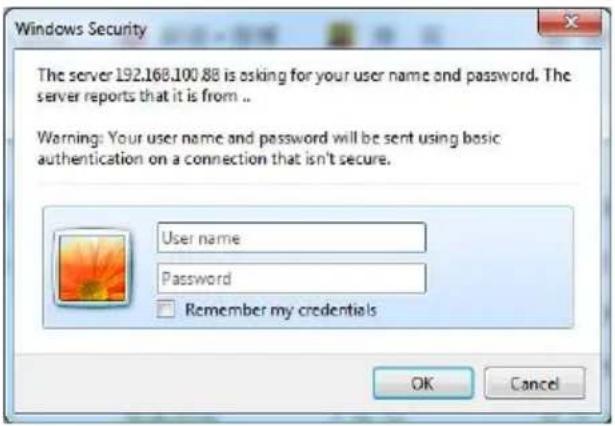 Windows Security The server 192.168.100.88 is asking for your user name and password. The server reports that it is from .. Warning: Your user name and password will be sent using basic authentication on a connection that isn't secure. User name Password Remember my credentials OK Cancel