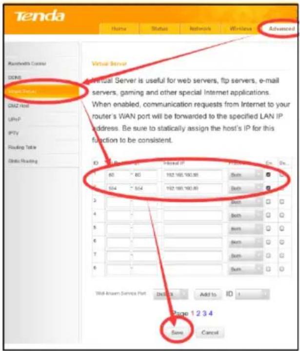 Tenda Home Status Retworks Windows Advanced Rambethia Server DDNS Internet Server DMZ Host USBP IPTy Routing Table Static Routing Virtual Server Virtual Server is useful for web servers, ftp servers, e-mail servers, gaming and other special Internet applications. When enabled, communication requests…