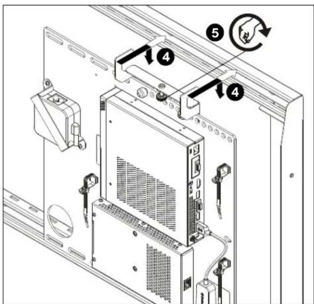 Technical diagram of a server rack with labeled components and directional arrows indicating rotation or adjustment.