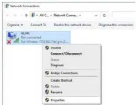 Network Connections All C... + Network Conne... Organize Connect To Enable the network device Diagnostics this connection WLAN Net connected Get Windows 1754 BCL/Tracg/m.0... Create Connect/Disconnect Status Diagnos Bridge Connections Create Shortcut Balance Rename Properties