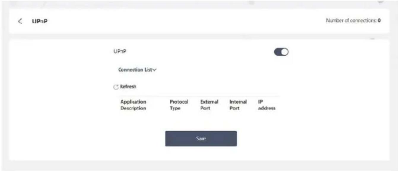 UPnP Number of connections: 0 UPnP Connection List√ Refresh Application Description Protocol Type External Port Internal Port IP address Save