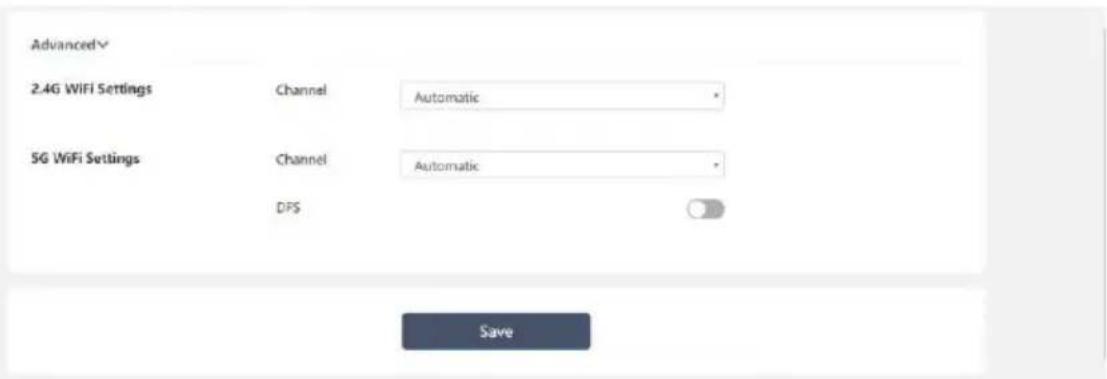 Advanced 2.4G WiFi Settings Channel Automatic 5G WiFi Settings Channel Automatic DFS Save