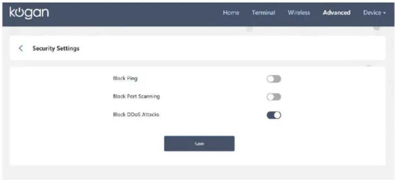 kogan Home Terminal Wireless Advanced Device Security Settings Block Ping Block Port Scanning Block DDoS Attacks Save