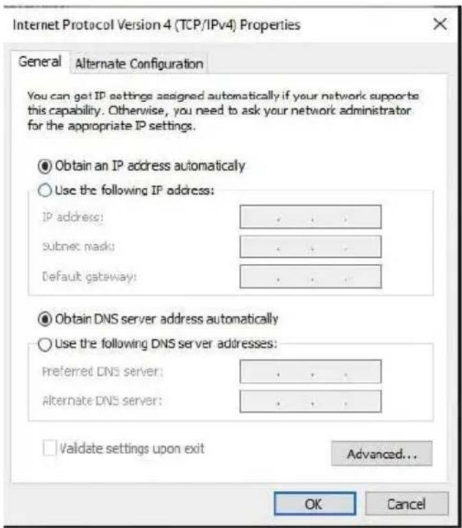 Internet Protocol Version 4 (TCP/IPv4) Properties General Alternate Configuration You can get IP settings assigned automatically if your network supports this capability. Otherwise, you need to ask your network administrator for the appropriate IP settings. Obtain an IP address automatically Use the following IP address: IP address: .... Subnet mask: .... Default gateway: .... Obtain DNS server address automatically Use the following DNS server addresses: Preferred DNS server: .... Alternate DNS server: .... Validate settings upon exit Advanced... OK Cancel