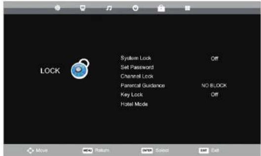 System Lock Set Password Channel Lock Parental Guidance Key Lock Hotel Mode NO BLOCK Off Move Return Add Sided Exit