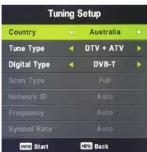 Tuning Setup Country Australia Tune Type DTV + ATV Digital Type DVB-T Scan Type Full Network ID Auto Frequency Auto Symbol Rate Auto OK Start Help Back