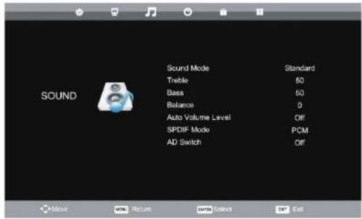 Sound Mode Treble Bass Balance Auto Volume Level SPDIF Mode AD Switch Standard 50 50 0 Off PCM Off