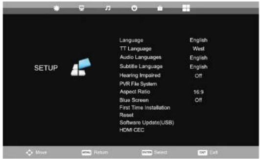 Language TT Language Audio Languages Subtitle Language Hearing Impaired PYR File System Aspect Ratio Blue Screen First Time Installation Reset Software Update(USB) HDMI CEC English West English English Off 16:9 Off Move Return Select Add Exit