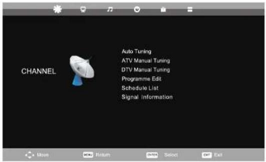 CHANNEL Auto Tuning ATV Manual Tuning DTV Manual Tuning Programmie Edit Schedule List Signal Information