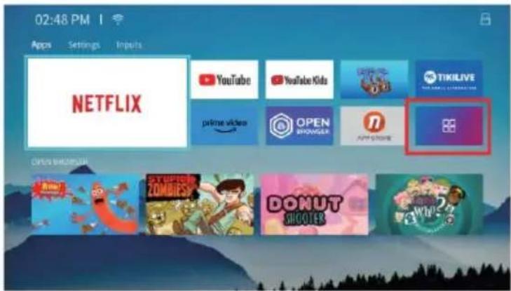 02:48 PM Apps Settings Inputs NETFLIX YouTube YouTube Kids TIKILIVE prime videos OPEN #N OPEN SHOUGHTER ON DONUT SHOOTER WIN 2