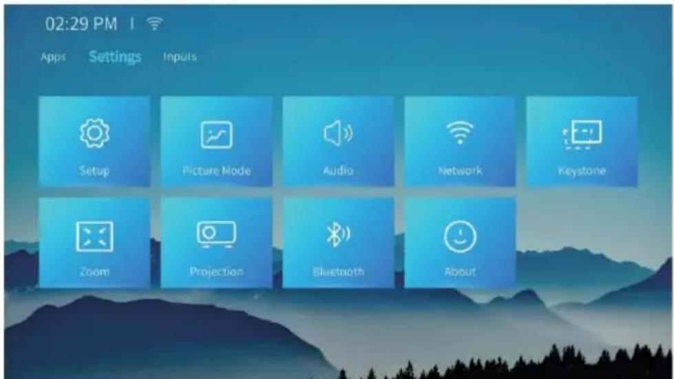 02:29 PM Apps Settings Inputs Setup Picture Mode Audio Network Keystone Zoom Projection Bluetooth About