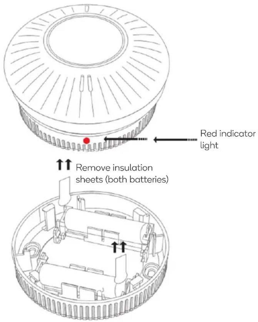 Red indicator light Remove insulation sheets (both batteries)