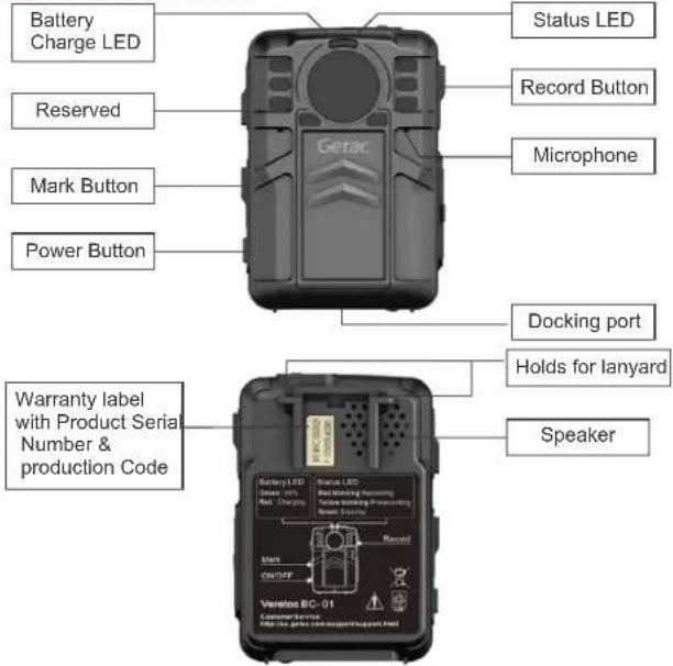 Battery Charge LED Reserved Mark Button Power Button Status LED Record Button Microphone Docking port Holds for lanyard Speaker Warranty label with Product Serial Number & production Code Battery LED Speed: 100% Max. Charging Record Mens OUTFR Verleton BC-01 Customer Service http://www.vereton.com/sport/gerac.net