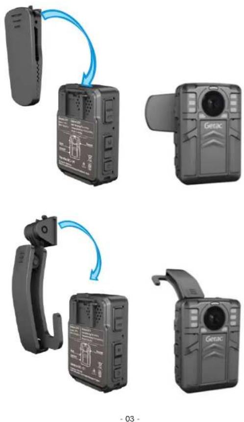 Diagram showing four steps of a Getac device with labeled components and blue arrows indicating rotation or assembly.