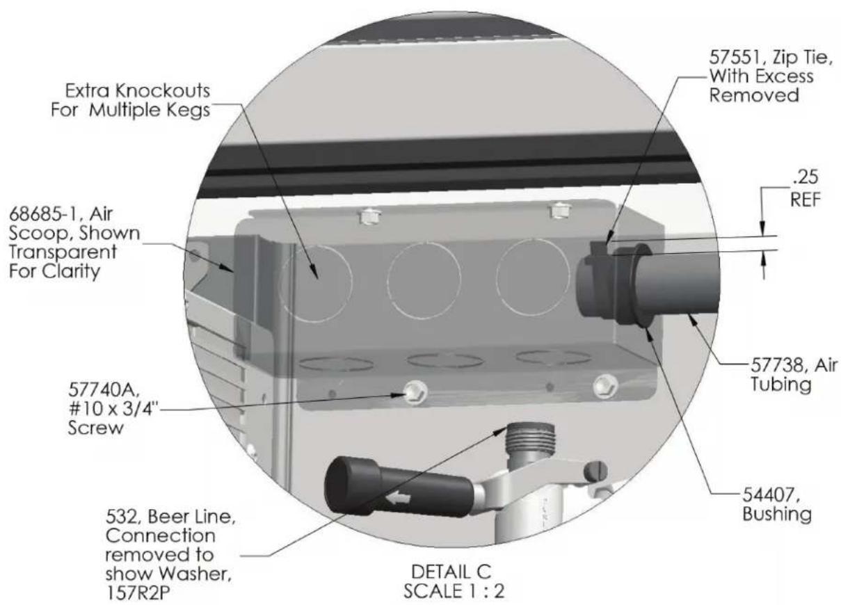 Extra Knockouts For Multiple Kegs 68685-1, Air Scoop, Shown Transparent For Clarity 57740A, #10 x 3/4" Screw 532, Beer Line, Connection removed to show Washer, 157R2P 57551, Zip Tie, With Excess Removed .25 REF 57738, Air Tubing 54407, Bushing DETAIL C SCALE 1 : 2