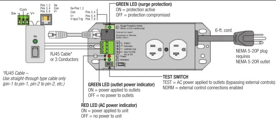 Green LED (surge protection) ON = protection active OFF = protection compromised *RJ45 Cable - Use straight-through type cable only (pin-1 to pin-1, pin-2 to pin-2, etc.) RJ45 Cable* or 3 Conductors GREEN LED (outlet power indicator) ON = power applied to outlets OFF = no power to outlets RED LED (A…