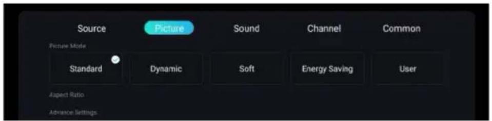 Source Picture Sound Channel Common Picture Mode Standard Dynamic Soft Energy Saving User Aspect Ratio Advance Settings